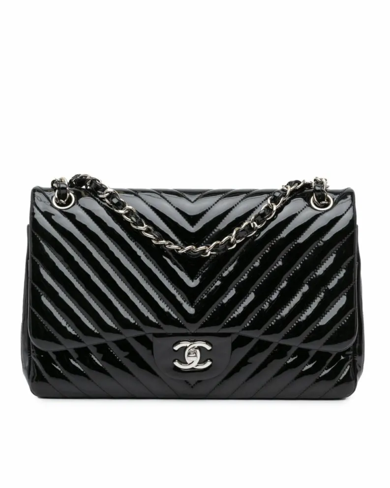 Shoulder Bags*Chanel Preloved Jumbo Classic Chevron Patent Double Flap Shoulder Bag with Black