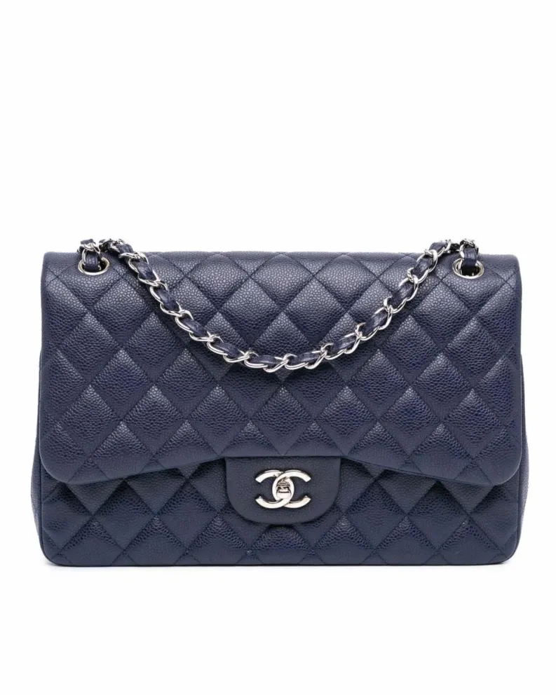 Shoulder Bags*Chanel Preloved Jumbo Classic Double Flap Quilted Leather Shoulder Bag Blue