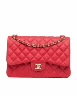 Shoulder Bags*Chanel Preloved Jumbo Classic Lambskin Double Flap Quilted Shoulder Bag Red