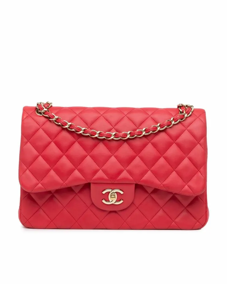 Shoulder Bags*Chanel Preloved Jumbo Classic Lambskin Double Flap Quilted Shoulder Bag Red