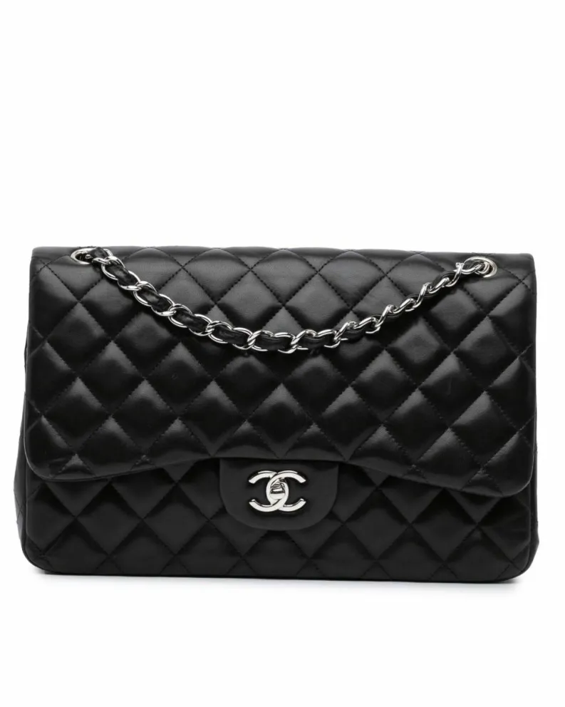 Shoulder Bags*Chanel Preloved Jumbo Classic Lambskin Double Flap Shoulder Bag with Chain Black
