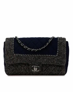 Shoulder Bags*Chanel Preloved Jumbo Quilted Jersey and Tweed Chain Flap Shoulder Bag with Blue