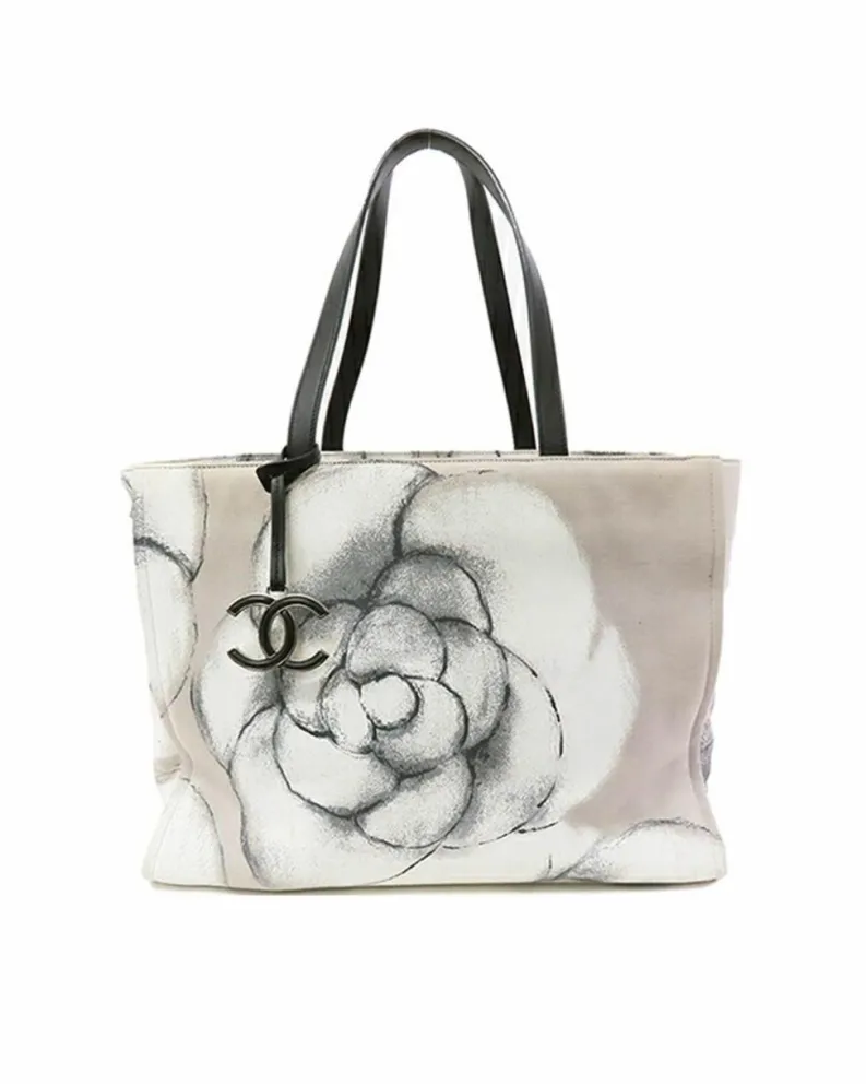 Tote Bags*Chanel Preloved Large Camellia Printed Canvas Shopper Tote with Leather Grey