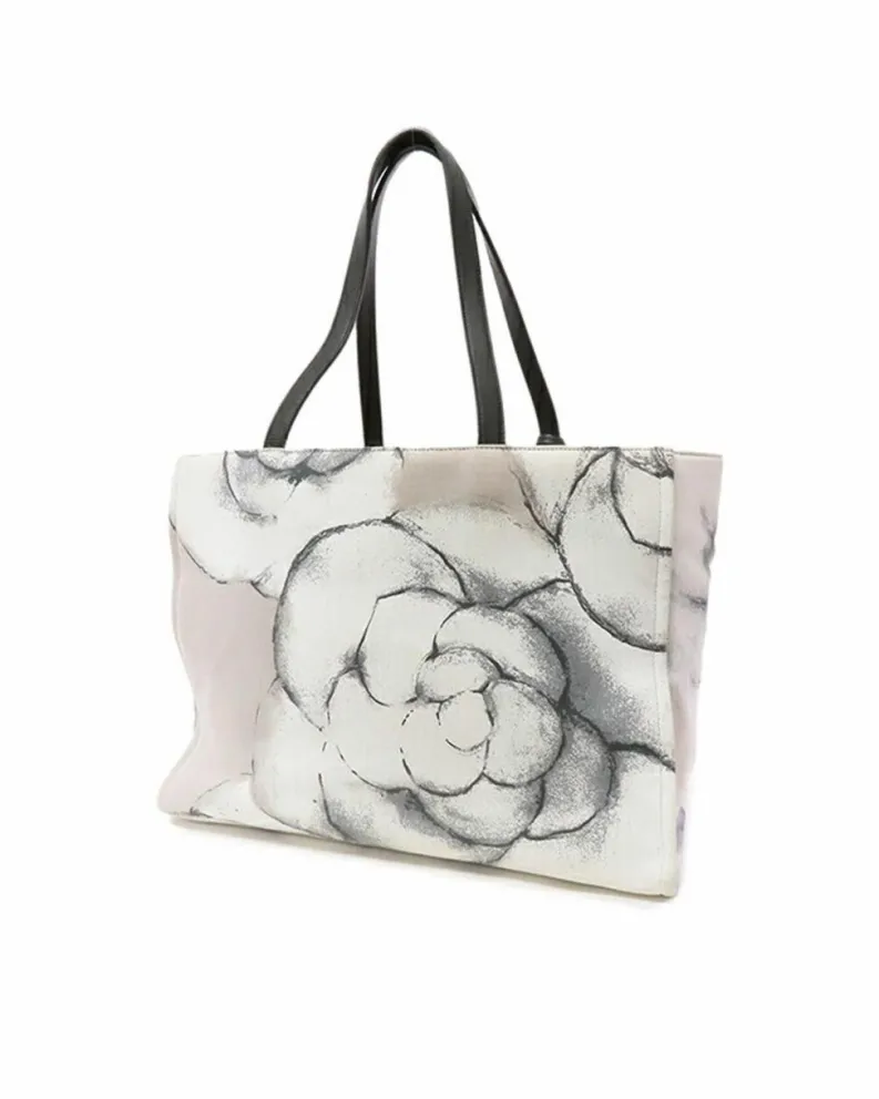 Tote Bags*Chanel Preloved Large Camellia Printed Canvas Shopper Tote with Leather Grey