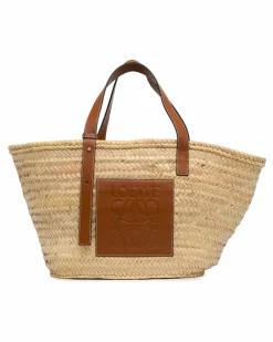 Tote Bags*LOEWE Preloved Large Raffia Basket Tote Bag with Leather Straps Brown