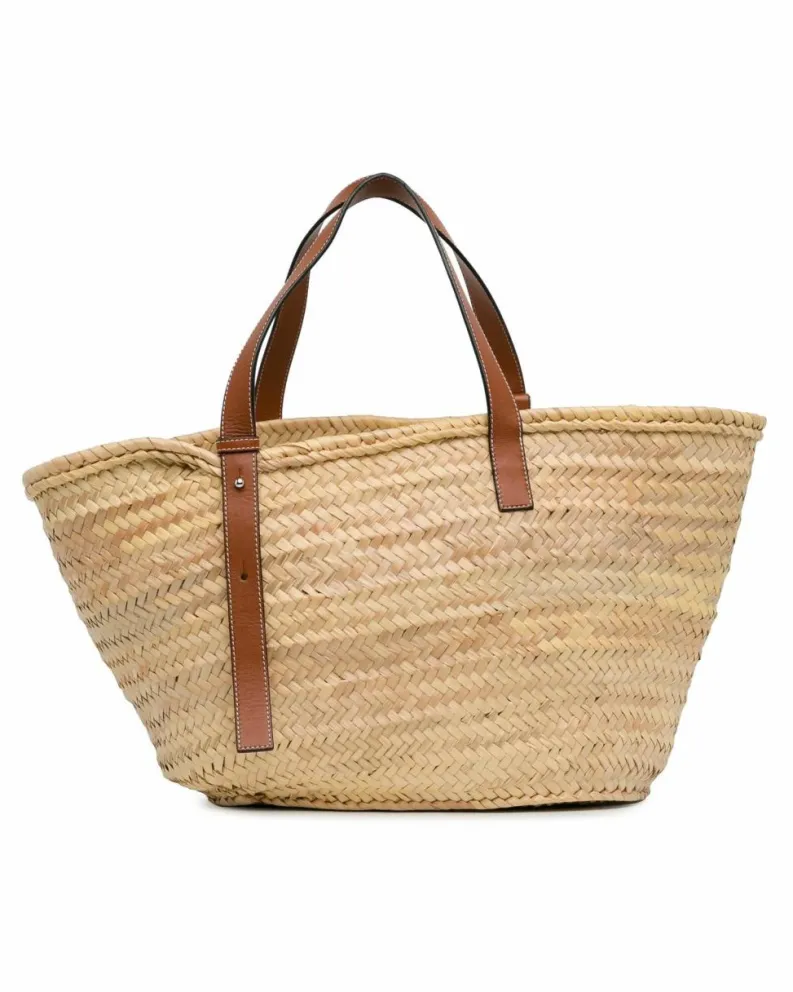 Tote Bags*LOEWE Preloved Large Raffia Basket Tote Bag with Leather Straps Brown