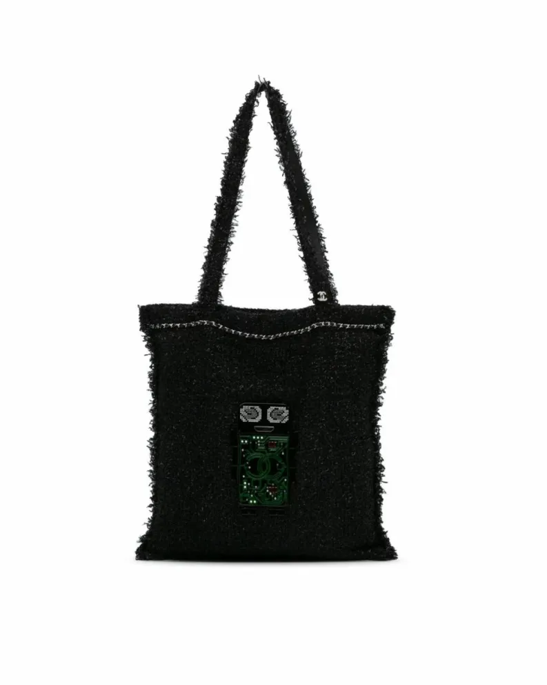 Tote Bags*Chanel Preloved Large Resin Embellished Tweed Robot Shopping Tote with Black