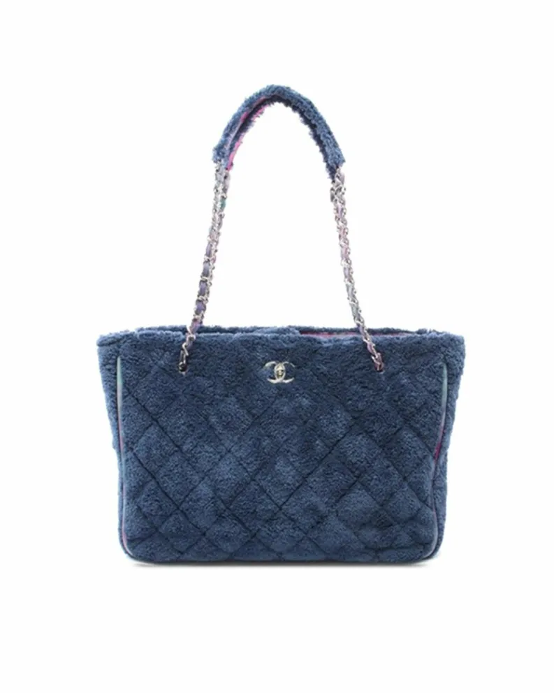 Tote Bags*Chanel Preloved Large Terry and Ribbon Shopping Tote with Leather Woven Chain Blue