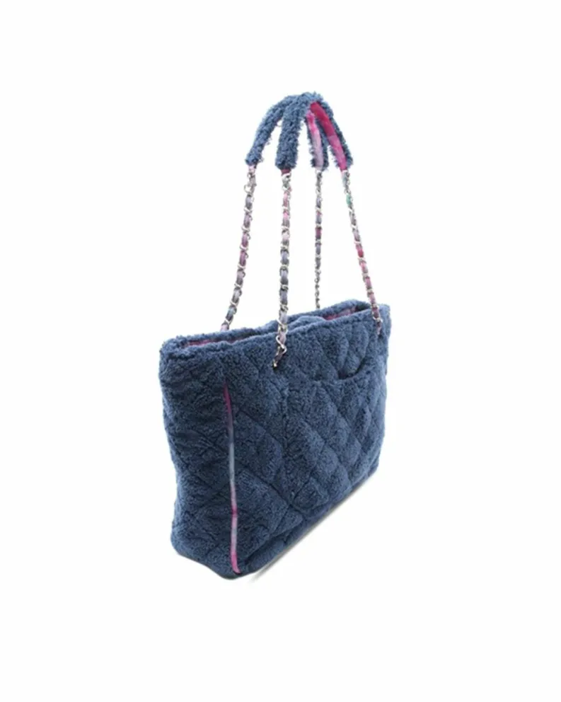 Tote Bags*Chanel Preloved Large Terry and Ribbon Shopping Tote with Leather Woven Chain Blue
