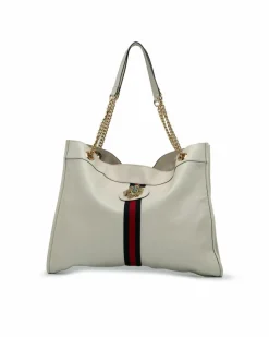 Tote Bags*Gucci Preloved Large Web Leather Tote with Gold-Tone Tiger Head Detail White