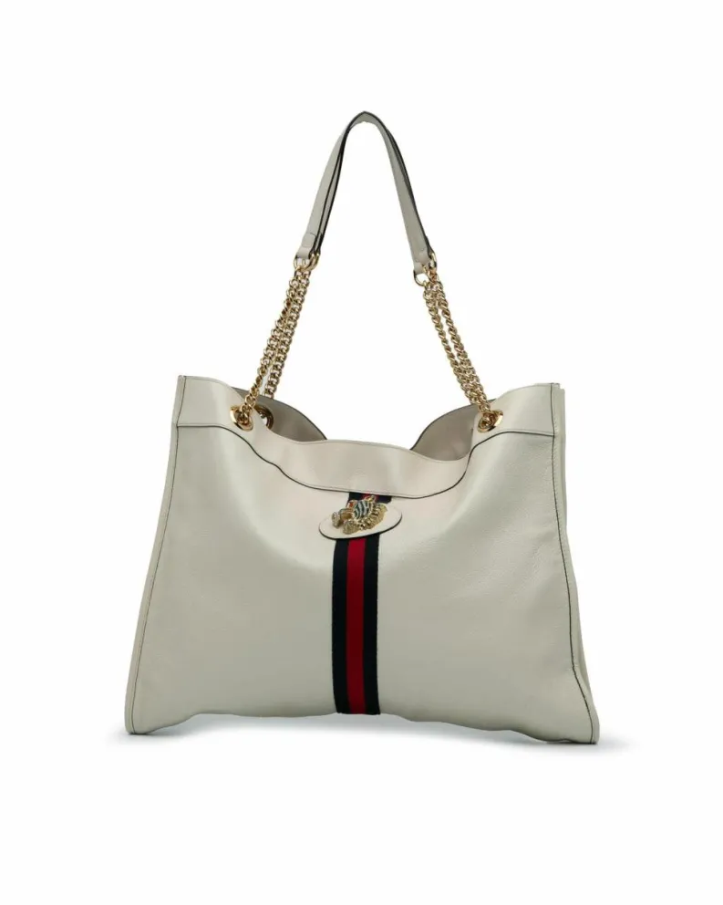 Tote Bags*Gucci Preloved Large Web Leather Tote with Gold-Tone Tiger Head Detail White