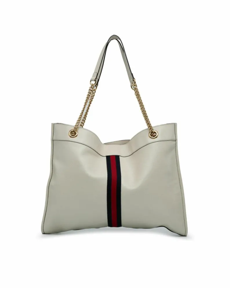 Tote Bags*Gucci Preloved Large Web Leather Tote with Gold-Tone Tiger Head Detail White