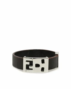 Bracelets*Fendi Preloved Leather Bracelet with Silver-Tone Hardware and Push Lock Brown