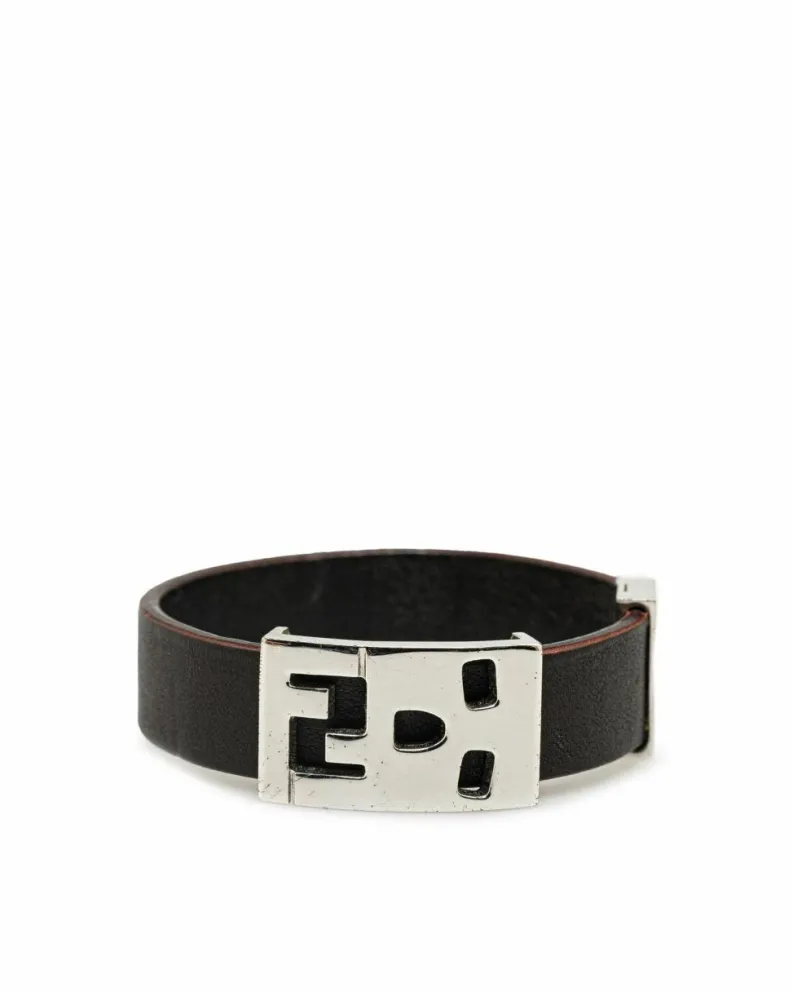 Bracelets*Fendi Preloved Leather Bracelet with Silver-Tone Hardware and Push Lock Brown
