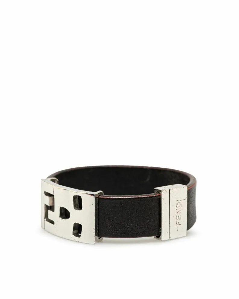 Bracelets*Fendi Preloved Leather Bracelet with Silver-Tone Hardware and Push Lock Brown