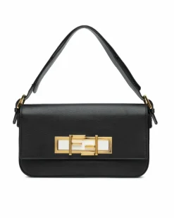 Shoulder Bags*Fendi Preloved Leather Shoulder Bag with FF Turn Lock Closure Black
