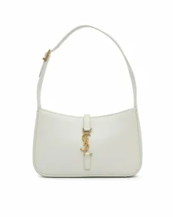 Shoulder Bags*Saint Laurent Preloved Leather Shoulder Bag with Flat Strap and Interior Zip Pocket White