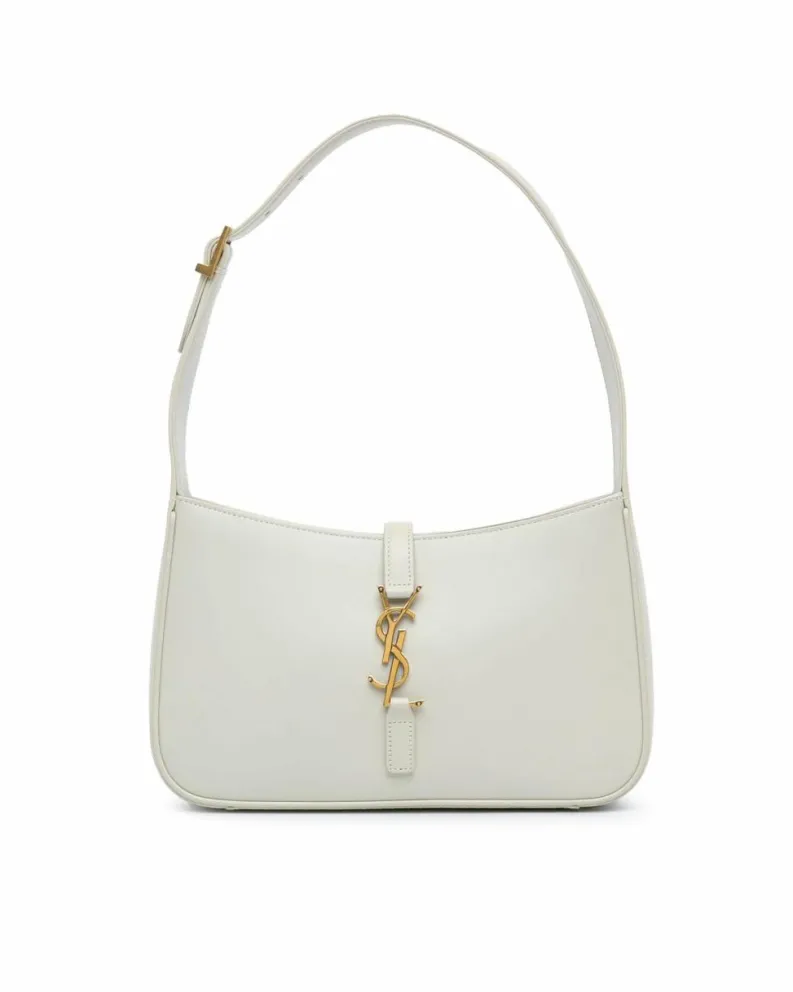 Shoulder Bags*Saint Laurent Preloved Leather Shoulder Bag with Flat Strap and Interior Zip Pocket White