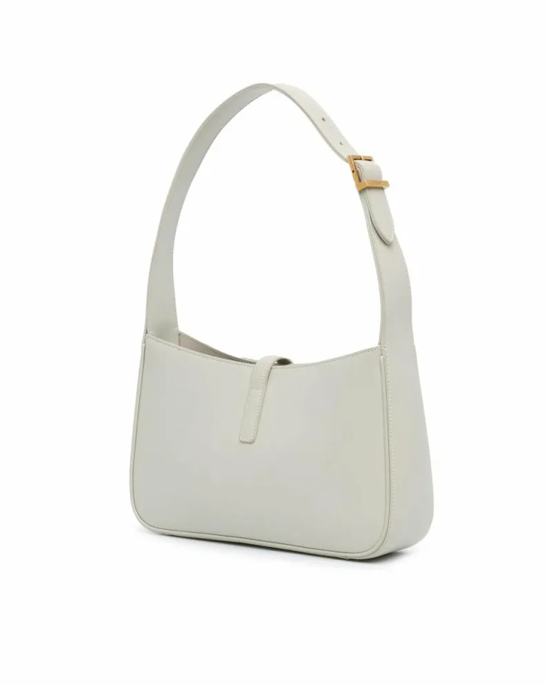 Shoulder Bags*Saint Laurent Preloved Leather Shoulder Bag with Flat Strap and Interior Zip Pocket White