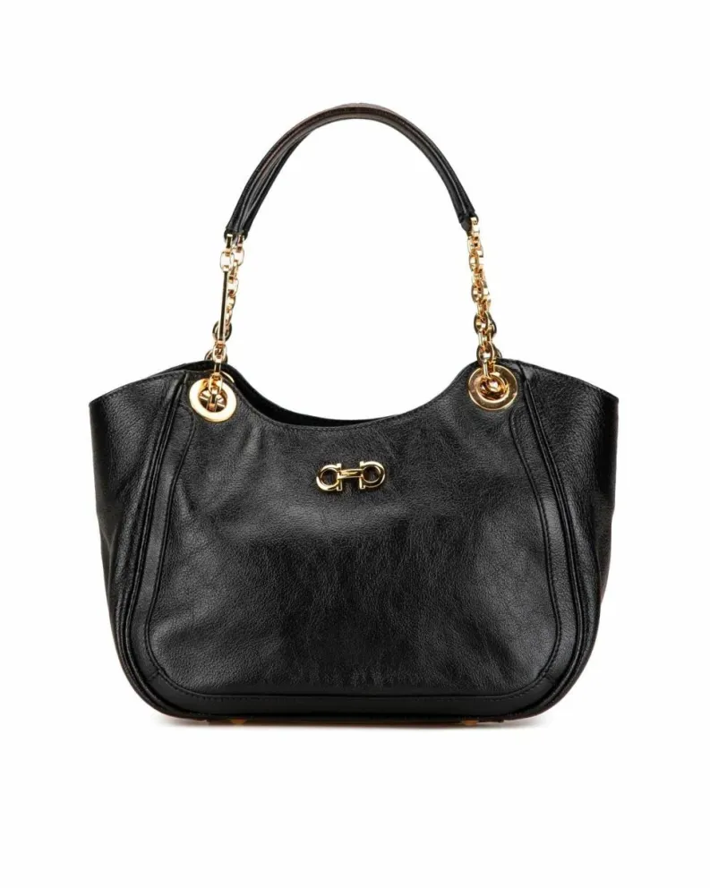 Tote Bags*Ferragamo Preloved Leather Tote Bag with Chain Link Straps and Interior Pockets Black