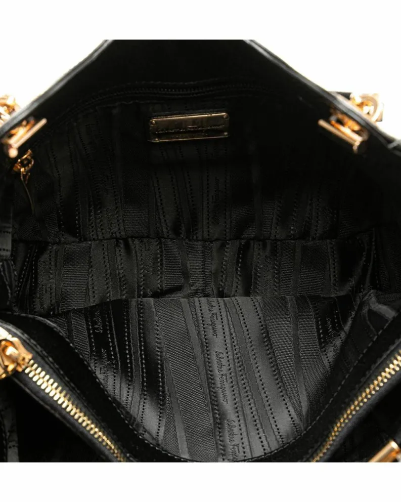 Tote Bags*Ferragamo Preloved Leather Tote Bag with Chain Link Straps and Interior Pockets Black