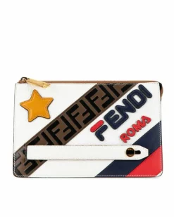 Clutch Bags*Fendi Preloved Logo Mania Leather Clutch with Interior Zip and Slip Pockets White