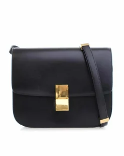 Cross-Body Bags*Celine Preloved Medium Calfskin Leather Crossbody Bag with Push Lock Closure Black