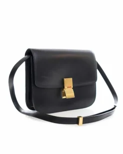 Cross-Body Bags*Celine Preloved Medium Calfskin Leather Crossbody Bag with Push Lock Closure Black