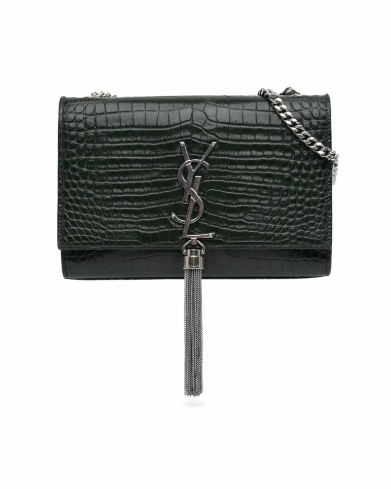 Shoulder Bags*Saint Laurent Preloved Medium Croc Embossed Leather Tassel Shoulder Bag Green