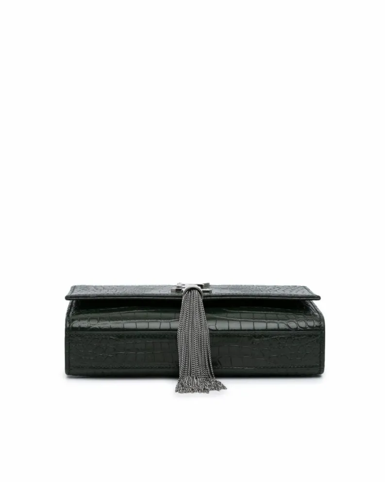 Shoulder Bags*Saint Laurent Preloved Medium Croc Embossed Leather Tassel Shoulder Bag Green