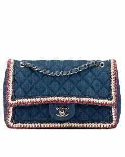 Shoulder Bags*Chanel Preloved Medium Denim Braided Flap Shoulder Bag with Tweed Trim and Blue