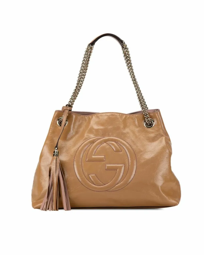 Tote Bags*Gucci Preloved Medium Patent Leather Chain Tote with Tassel Detail Brown