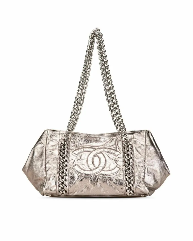 Tote Bags*Chanel Preloved Metallic Calfskin Chain Tote with -Tone Strap Silver