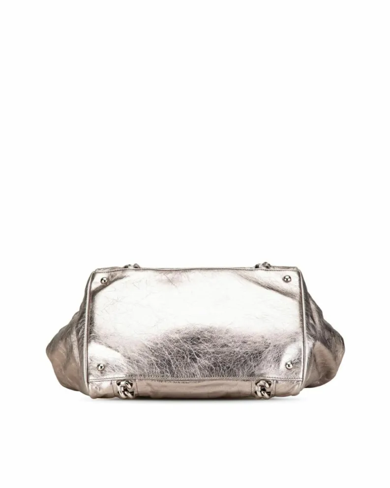 Tote Bags*Chanel Preloved Metallic Calfskin Chain Tote with -Tone Strap Silver