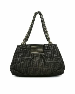 Shoulder Bags*Fendi Preloved Metallic Canvas Shoulder Bag with Leather Chain Straps Brown