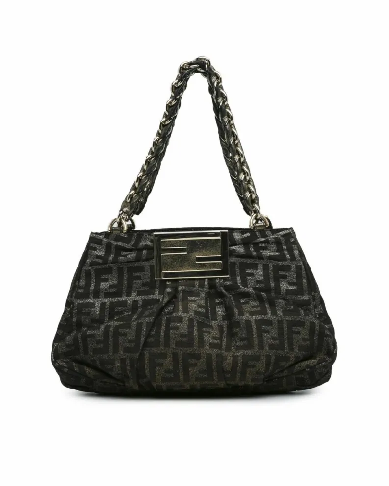 Shoulder Bags*Fendi Preloved Metallic Canvas Shoulder Bag with Leather Chain Straps Brown