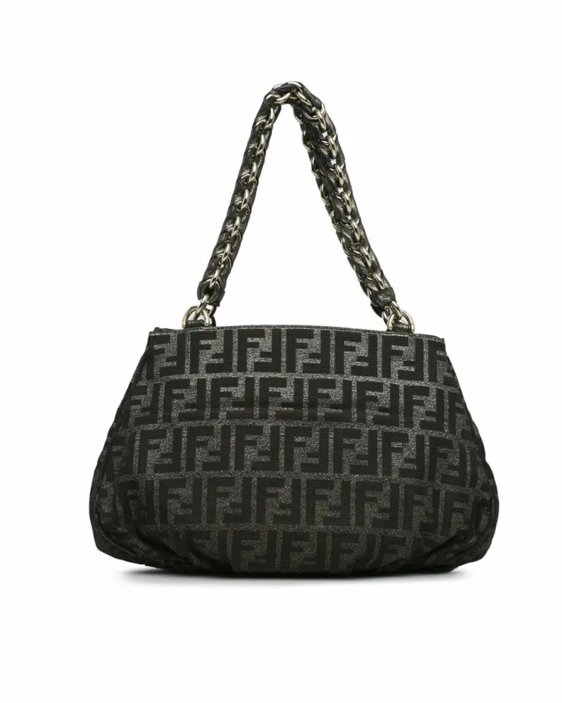Shoulder Bags*Fendi Preloved Metallic Canvas Shoulder Bag with Leather Chain Straps Brown