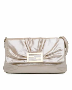 Shoulder Bags*Fendi Preloved Metallic Leather Shoulder Bag with Magnetic Snap Closure Brown