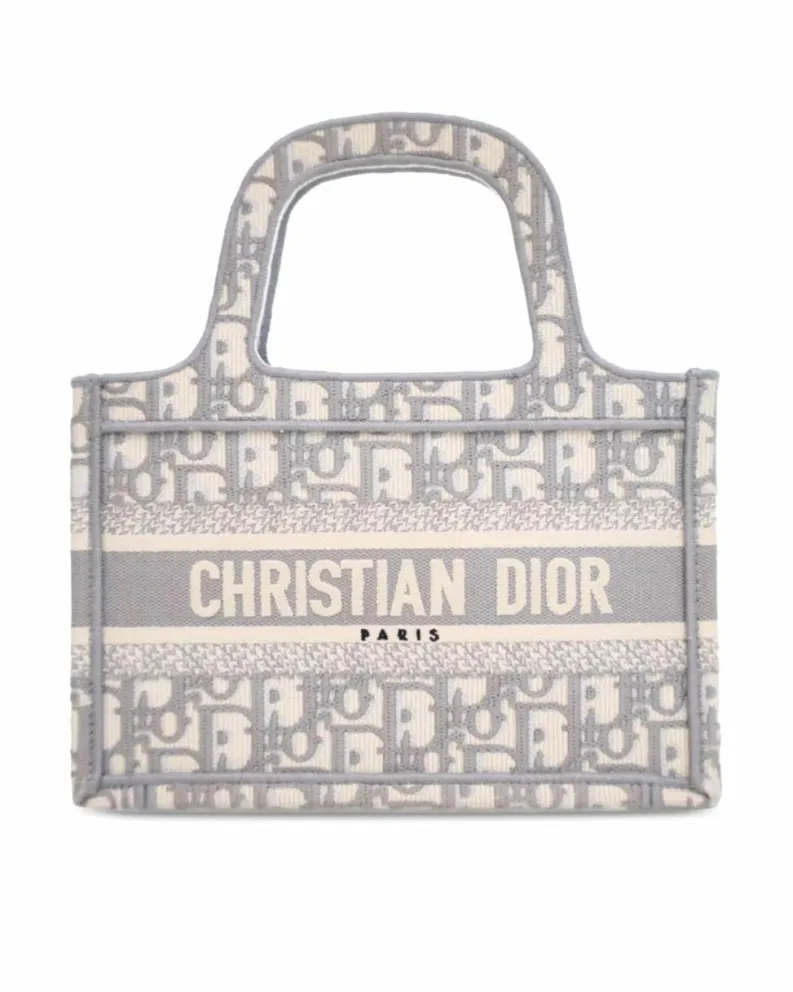 Tote Bags*Dior Preloved Mini Embroidered Canvas Book Tote with Flat Handles Grey