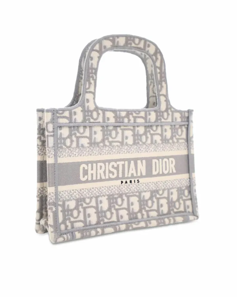Tote Bags*Dior Preloved Mini Embroidered Canvas Book Tote with Flat Handles Grey