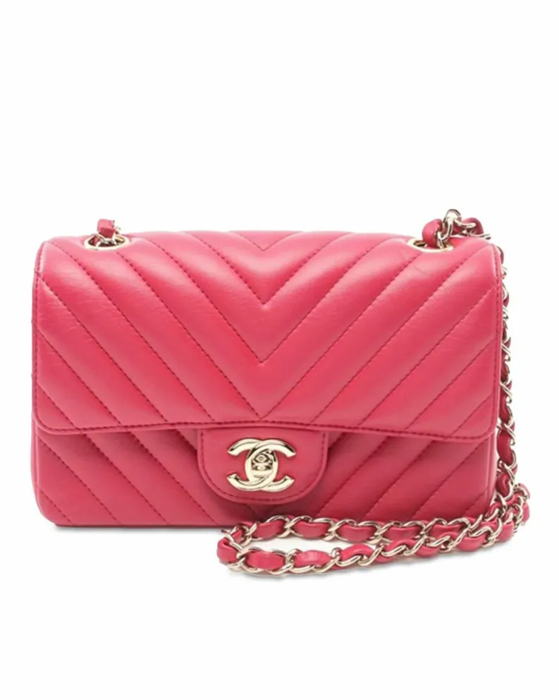 Cross-Body Bags*Chanel Preloved Mini Flap Bag Chevron Quilted Lambskin Leather Crossbody Bag Pink