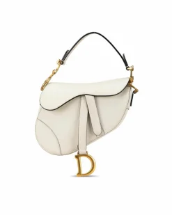 Shoulder Bags*Dior Preloved Mini Leather Saddle Shoulder Bag with Magnetic Snap Closure White