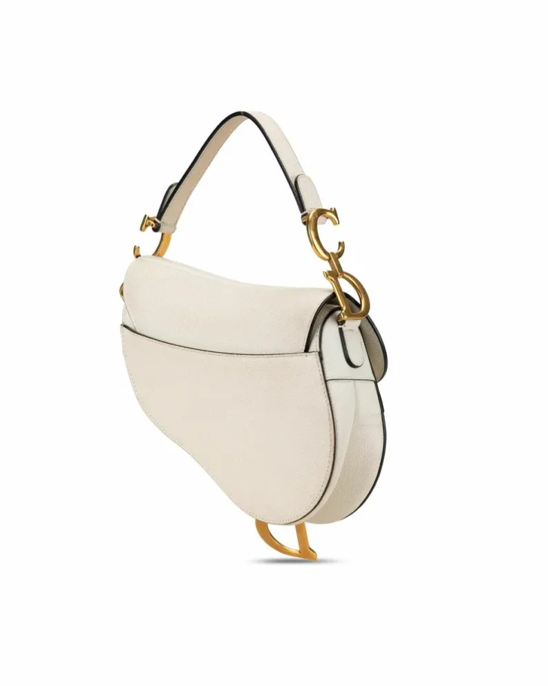 Shoulder Bags*Dior Preloved Mini Leather Saddle Shoulder Bag with Magnetic Snap Closure White