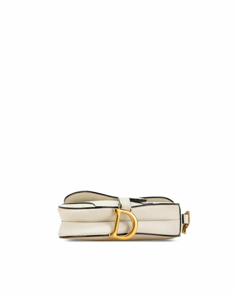 Shoulder Bags*Dior Preloved Mini Leather Saddle Shoulder Bag with Magnetic Snap Closure White
