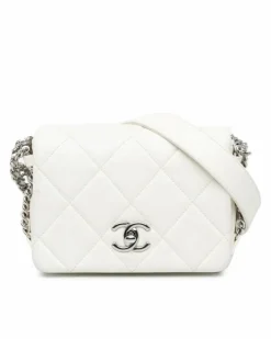Cross-Body Bags*Chanel Preloved Mini Quilted Lambskin Chain Rows Flap Crossbody Bag with White