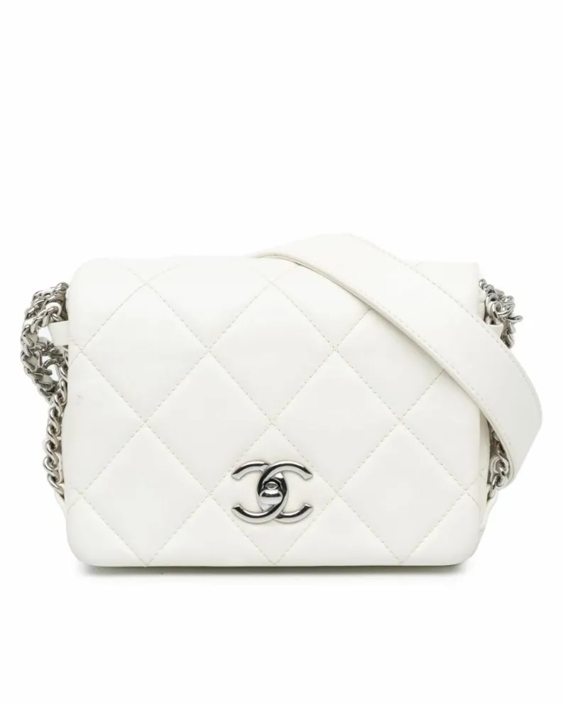 Cross-Body Bags*Chanel Preloved Mini Quilted Lambskin Chain Rows Flap Crossbody Bag with White