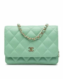 Shoulder Bags*Chanel Preloved Mini Quilted Lambskin Wallet On Chain with Woven Shoulder Green