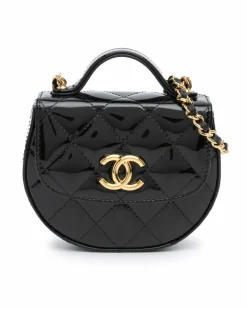 Clutch Bags*Chanel Preloved Mini Quilted Patent Leather Top Handle Clutch with Chain Black