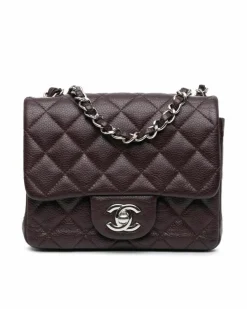 Cross-Body Bags*Chanel Preloved Mini Square Classic Caviar Leather Single Flap Crossbody Bag Brown