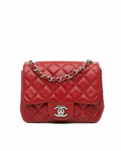 Cross-Body Bags*Chanel Preloved Mini Square Classic Caviar Single Flap Crossbody Bag Red